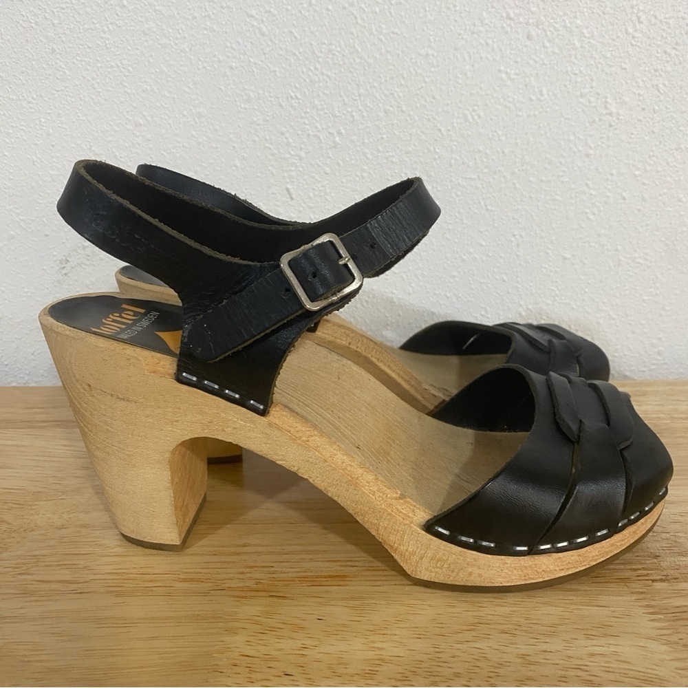 Swedish Hasbeens Leather Peep Toe Wooden Ankle Strap Sandals Heels Black 36 6